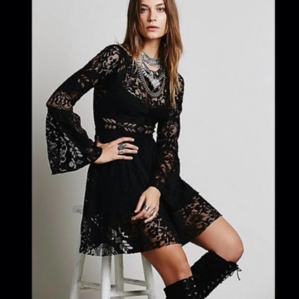 Free People Black Lace Long Sleeve Mini Dress